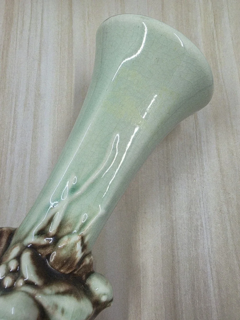 McCoy Pottery Green Brown Rustic Nesting Birds Vase 7in Embossed Vintage Logo